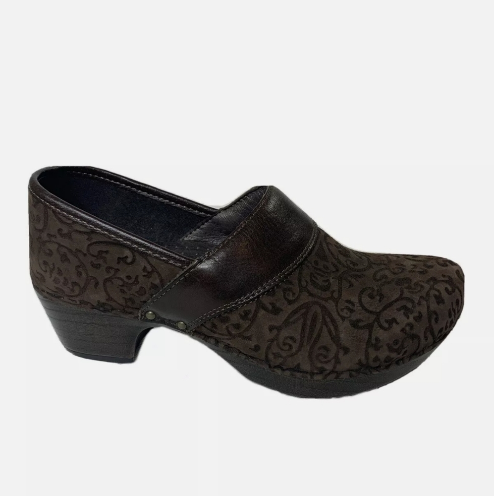 Dansko Professional Tooled Brown Suede Clog Shoes
